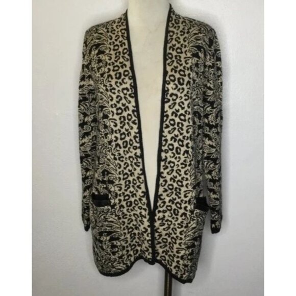 Chicos Women’s Cardigan Sweater Open Front Black Gold Animal Print Chicos Sz 0 - Picture 1 of 6